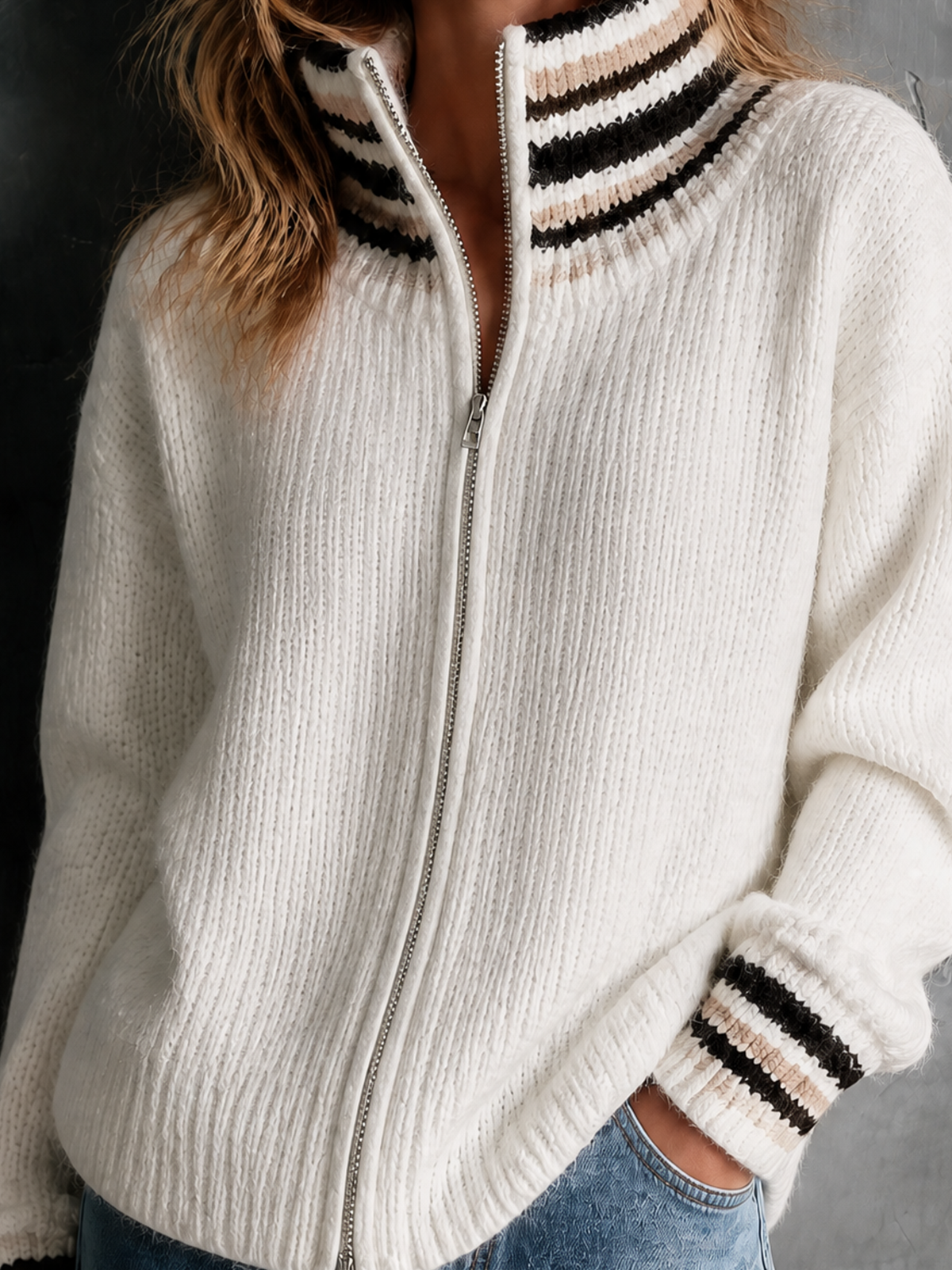 ElevenOra Chic Elegant White Stand Collar Zip‑Up Front Contrast Trim Dropped-Shoulder Long-Sleeve Loose-Fit Fuzzy Knit Cardigan Top