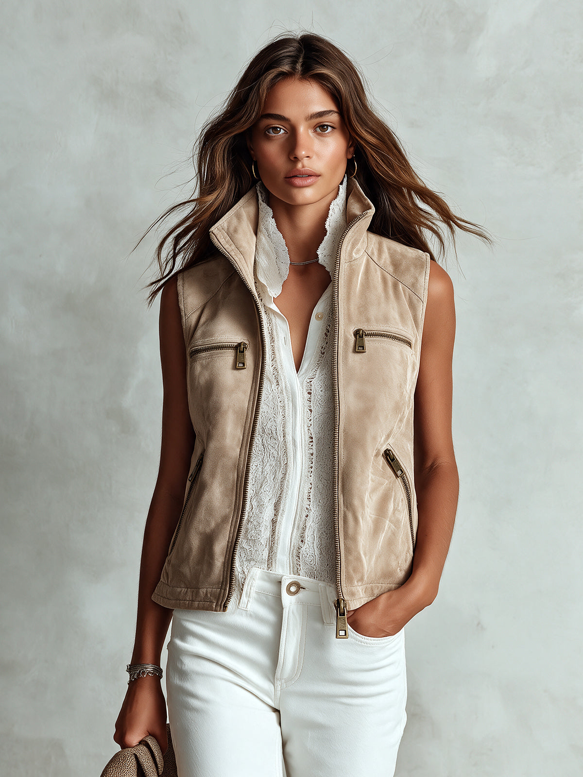 ElevenOra Chic Casual Beige Faux Suede Stand Collar Zipper-Placket Multi Pockets Loose-Fit Cargo Vest