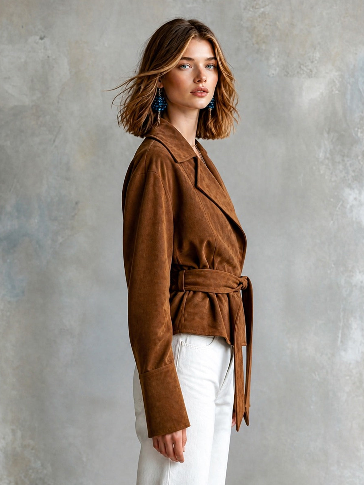 ElevenOra Chic Elegant Brown Faux Suede Notched Lapel Open-Front Belted Long-Sleeve Loose-Fit Cropped Jacket