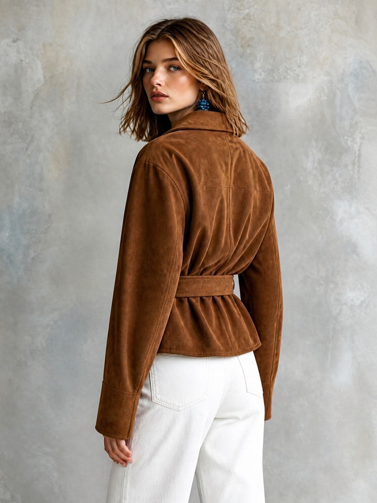 ElevenOra Chic Elegant Brown Faux Suede Notched Lapel Open-Front Belted Long-Sleeve Loose-Fit Cropped Jacket