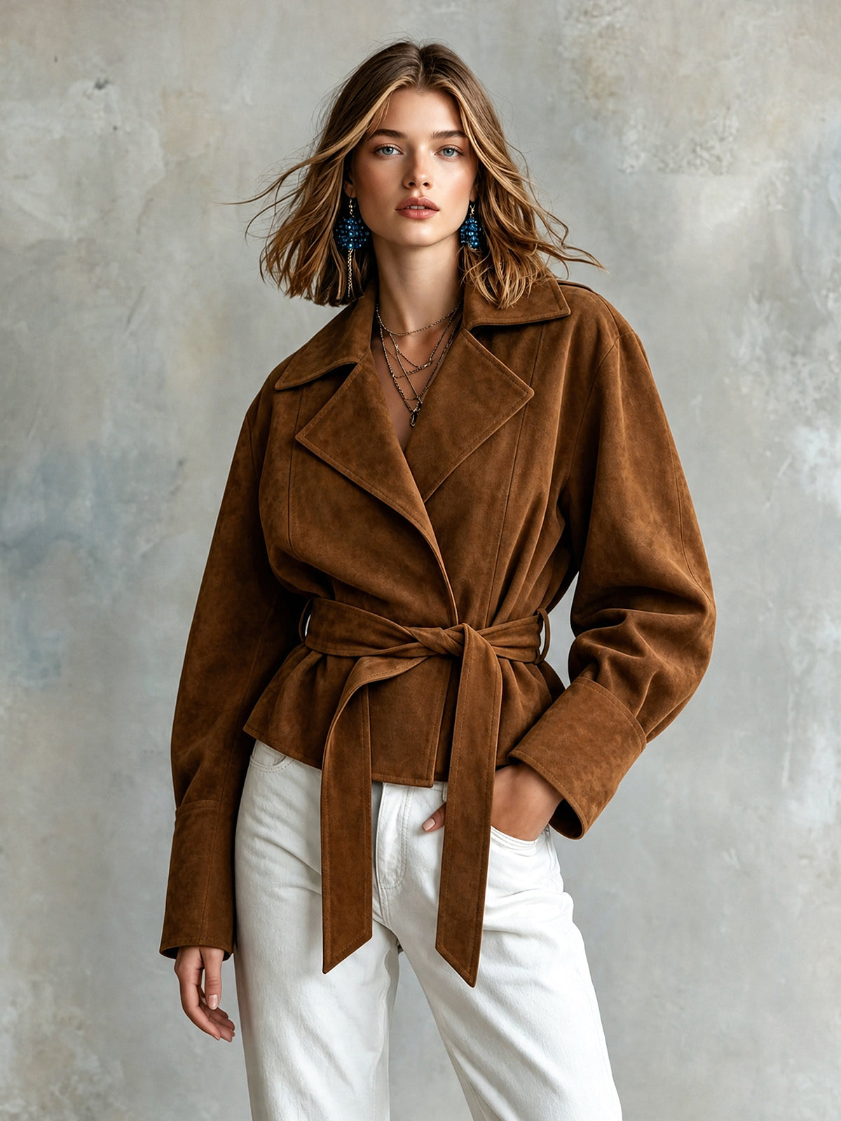 ElevenOra Chic Elegant Brown Faux Suede Notched Lapel Open-Front Belted Long-Sleeve Loose-Fit Cropped Jacket