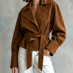 ElevenOra Chic Elegant Brown Faux Suede Notched Lapel Open-Front Belted Long-Sleeve Loose-Fit Cropped Jacket