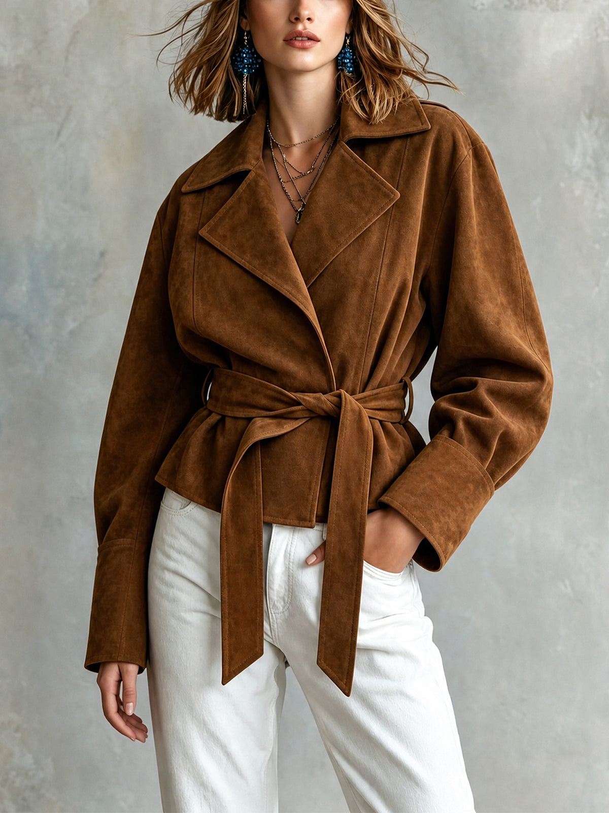 ElevenOra Chic Elegant Brown Faux Suede Notched Lapel Open-Front Belted Long-Sleeve Loose-Fit Cropped Jacket