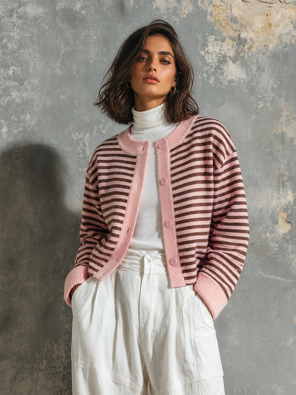 ElevenOra Chic Elegant Pink-Brown Stripes Round-Neck Single-Breasted Long-Sleeve Loose-Fit Knit Cardigan Top