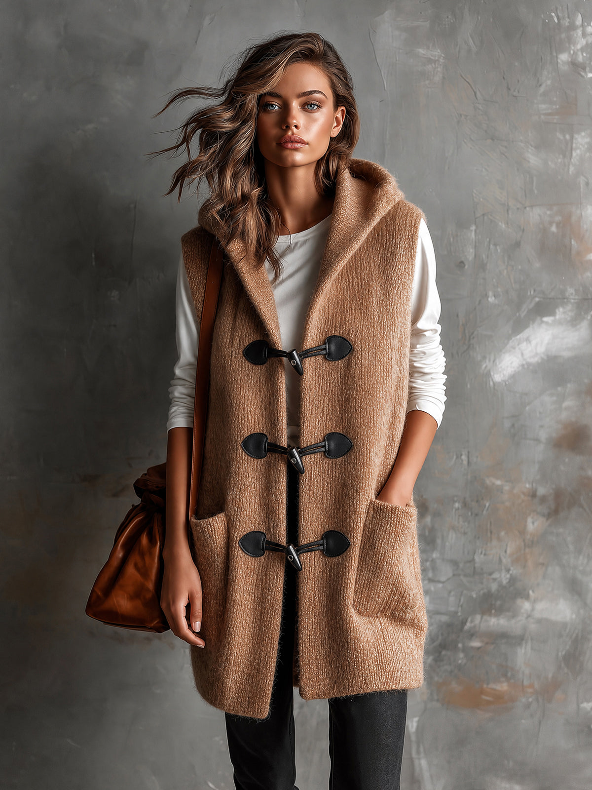 ElevenOra Chic Casual Camel Hooded Collar Toggle Buttons Patch Pockets Loose-Fit Wool Blend Knit Vest