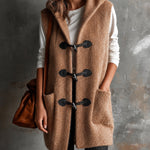 ElevenOra Chic Casual Camel Hooded Collar Toggle Buttons Patch Pockets Loose-Fit Wool Blend Knit Vest