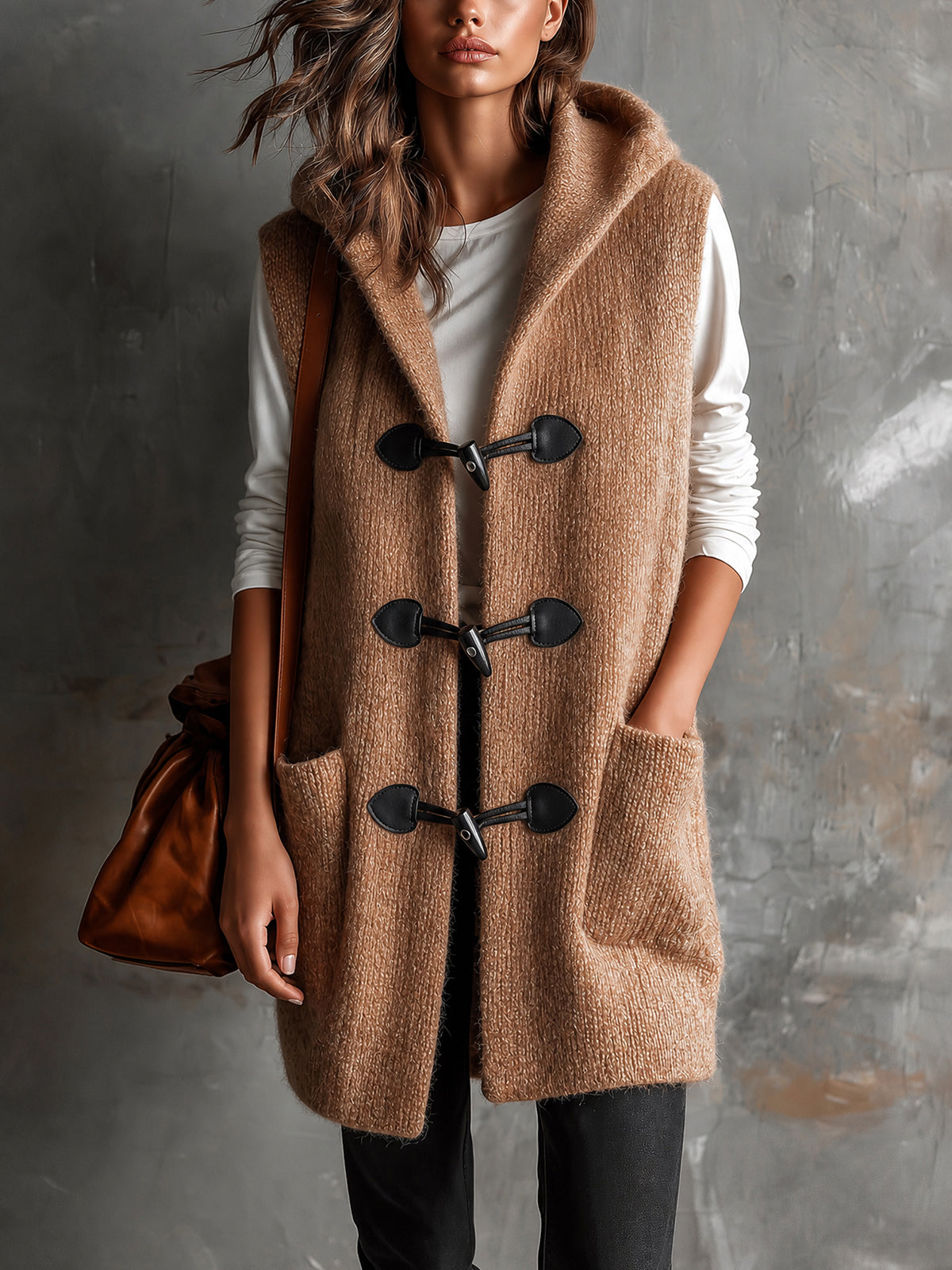 ElevenOra Chic Casual Camel Hooded Collar Toggle Buttons Patch Pockets Loose-Fit Wool Blend Knit Vest