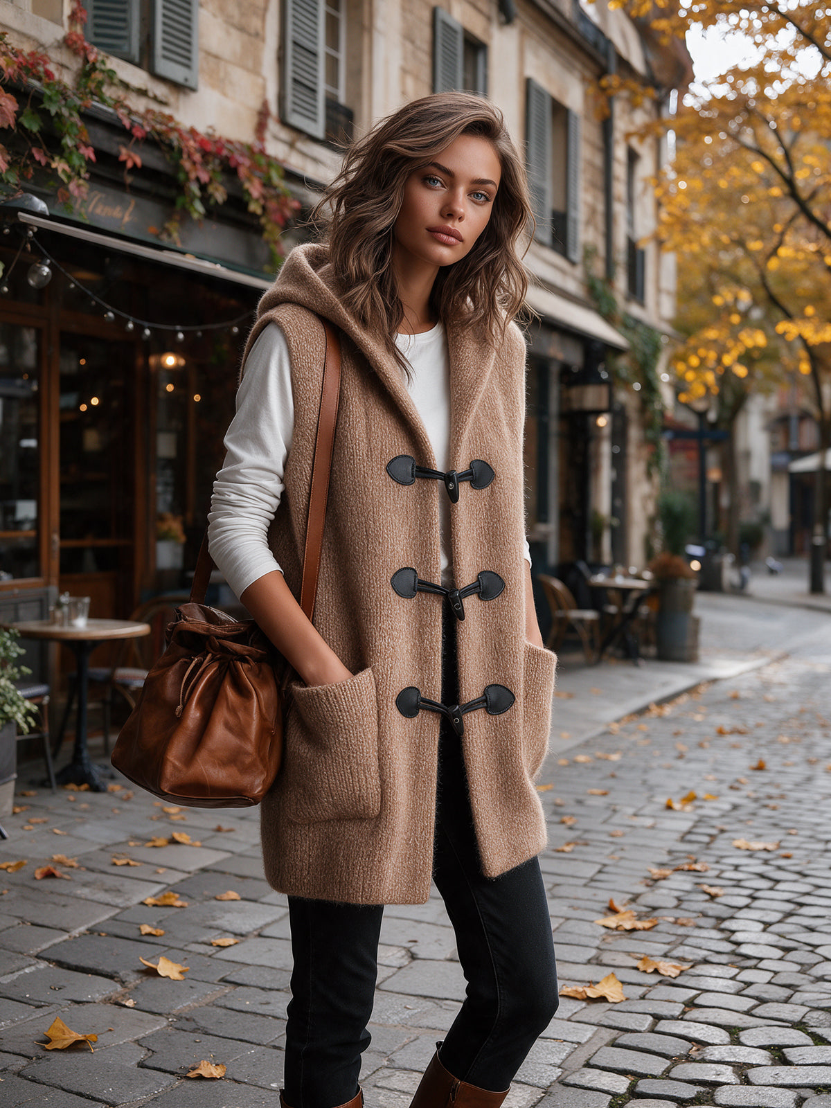 ElevenOra Chic Casual Camel Hooded Collar Toggle Buttons Patch Pockets Loose-Fit Wool Blend Knit Vest