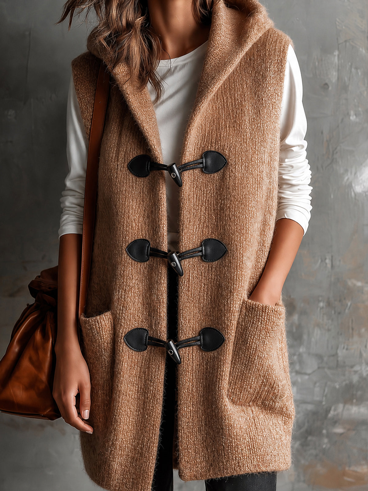 ElevenOra Chic Casual Camel Hooded Collar Toggle Buttons Patch Pockets Loose-Fit Wool Blend Knit Vest