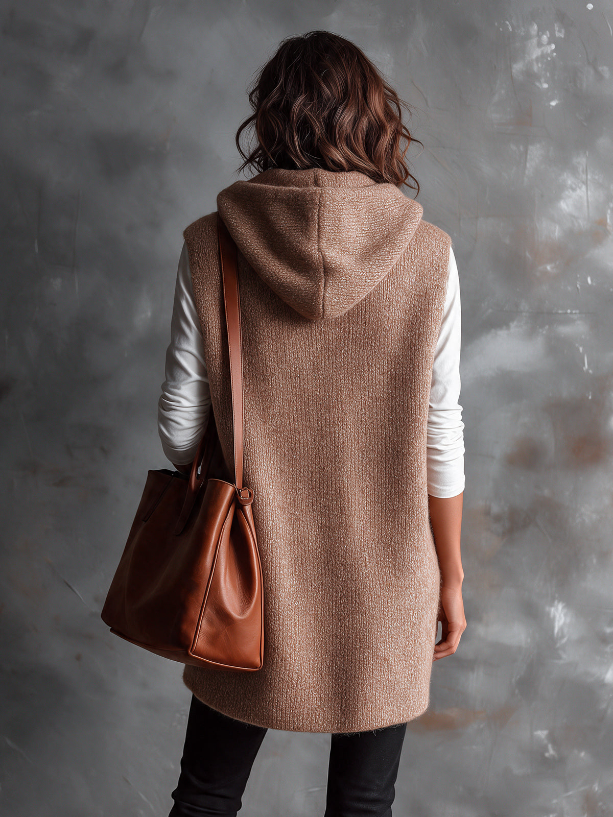 ElevenOra Chic Casual Camel Hooded Collar Toggle Buttons Patch Pockets Loose-Fit Wool Blend Knit Vest
