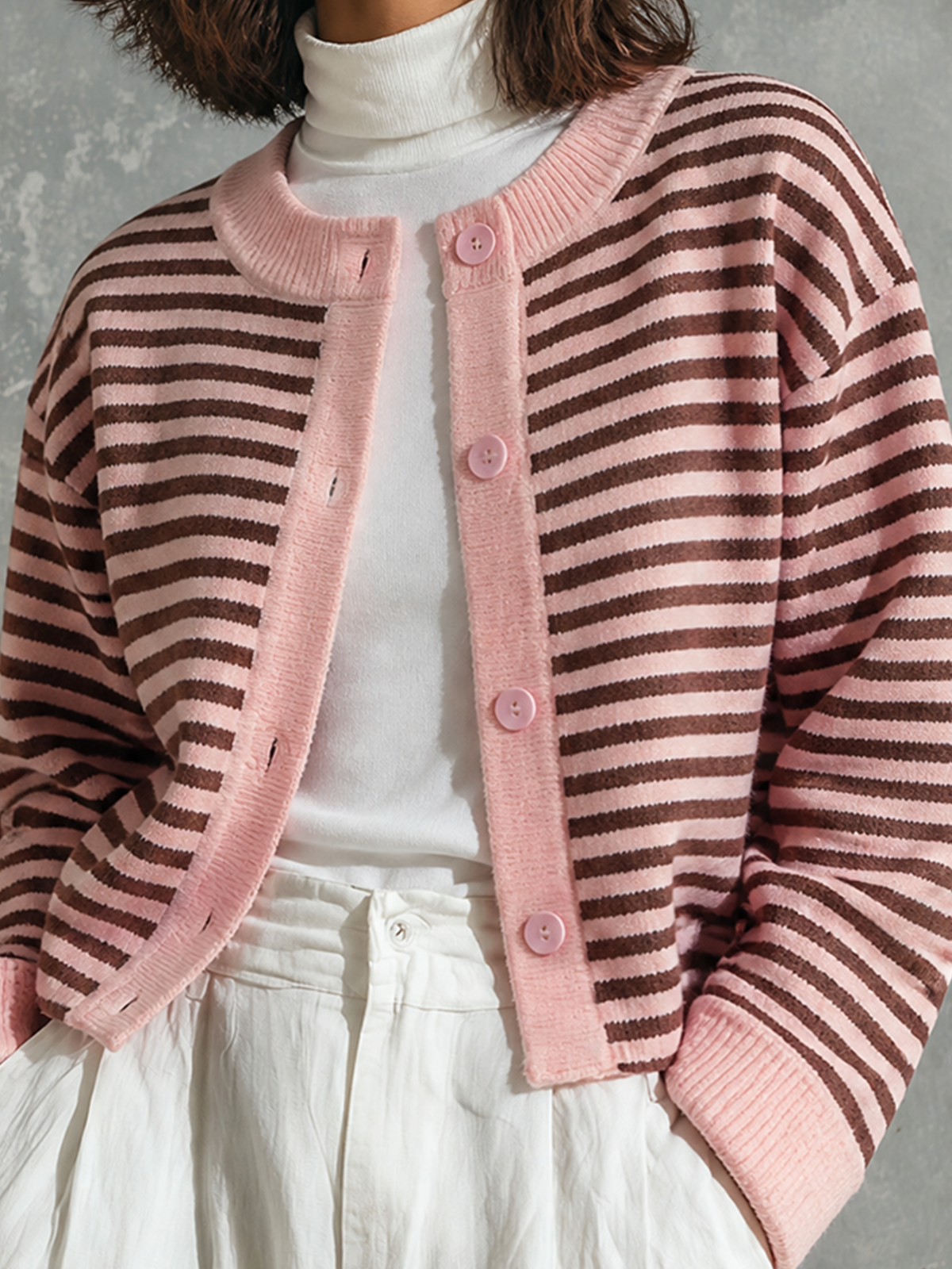 ElevenOra Chic Elegant Pink-Brown Stripes Round-Neck Single-Breasted Long-Sleeve Loose-Fit Knit Cardigan Top