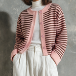 ElevenOra Chic Elegant Pink-Brown Stripes Round-Neck Single-Breasted Long-Sleeve Loose-Fit Knit Cardigan Top