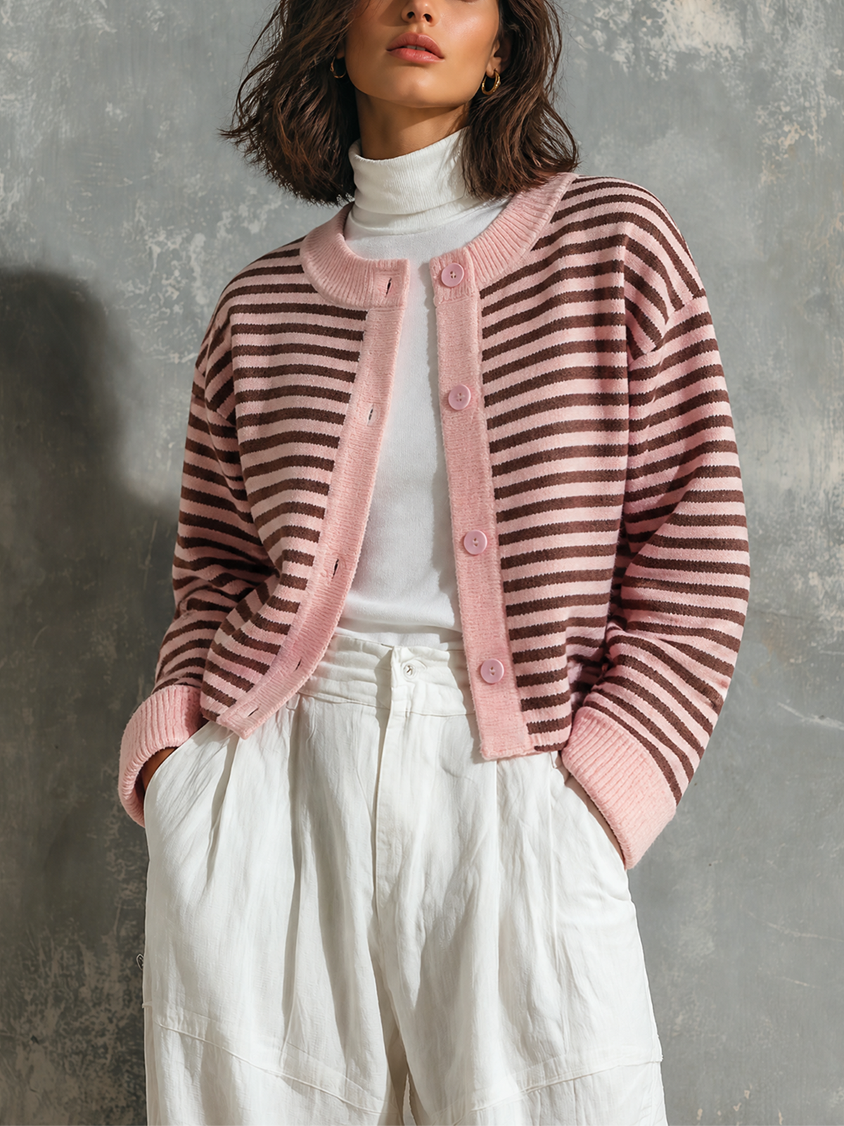 ElevenOra Chic Elegant Pink-Brown Stripes Round-Neck Single-Breasted Long-Sleeve Loose-Fit Knit Cardigan Top