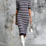 ElevenOra Chic Elegant Navy Blue-Brugundy-White Stripes Round-Neck Half-Sleeve Slim-Fit Wool Blend Knit Midi Dress