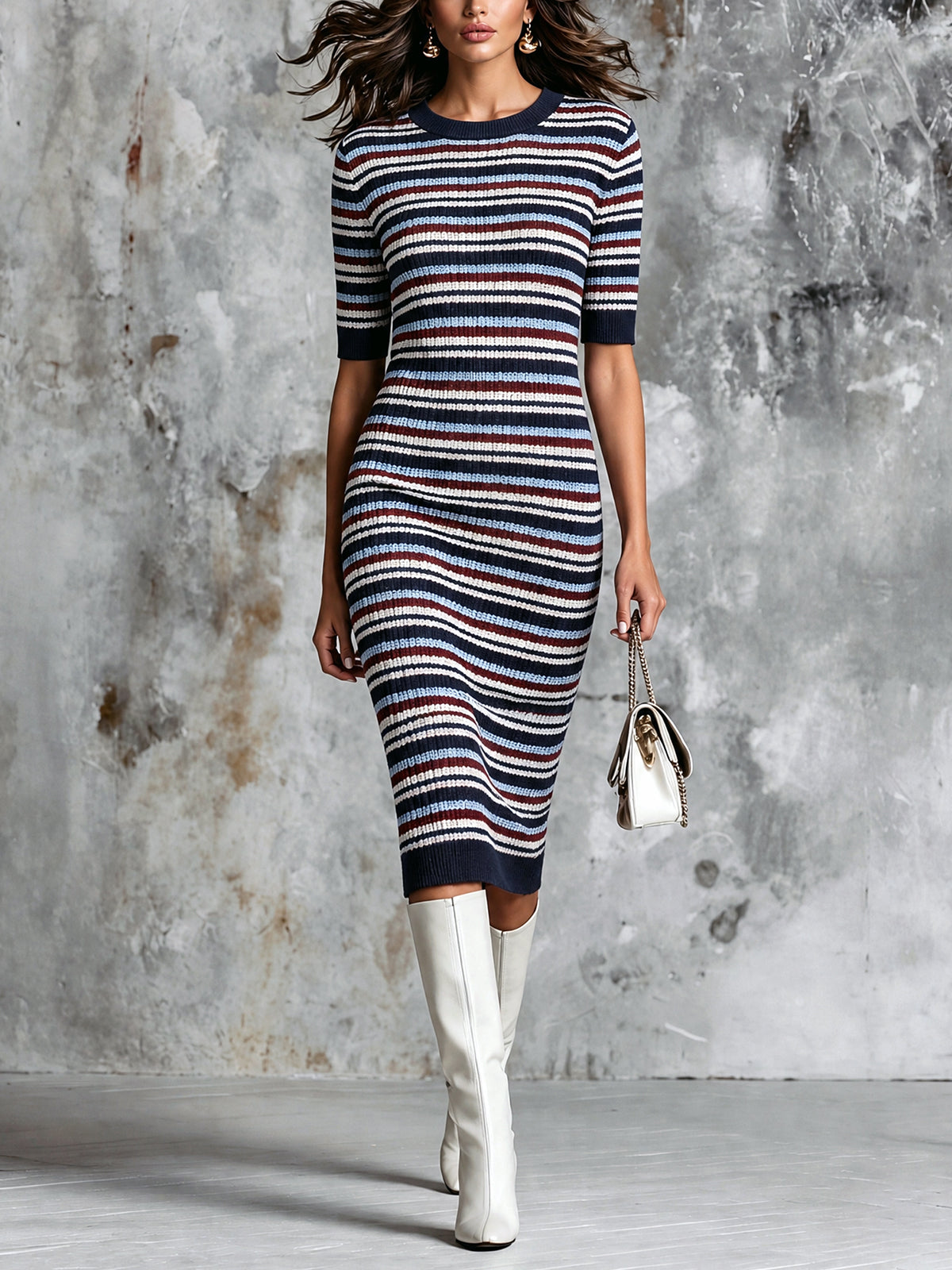 ElevenOra Chic Elegant Navy Blue-Brugundy-White Stripes Round-Neck Half-Sleeve Slim-Fit Wool Blend Knit Midi Dress