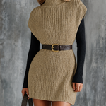 ElevenOra Chic Elegant Light Taupe Turtleneck Sleeveless Waist Belt Loose-Fit Chunky Knit Mini Dress