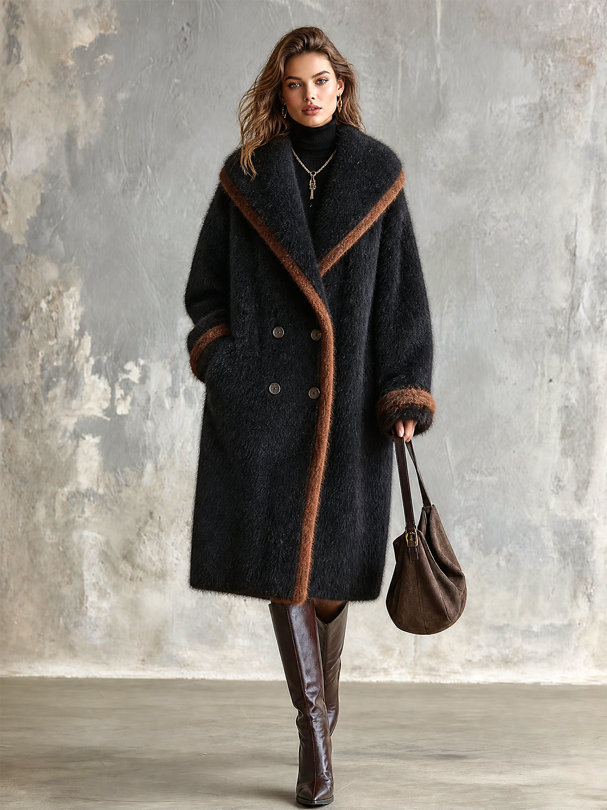 ElevenOra Chic Casual Black Shawl Lapel Double-Breasted Long Sleeve Contrast Trim Loose-Fit Fluffy Wool Blend Coat