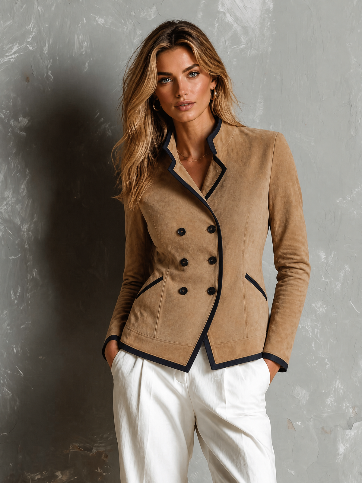 ElevenOra Chic Elegant Camel Stand Notch Collar Double-Breasted Long-Sleeve Contrast Trim Slim-Fit Faux Suede Jacket