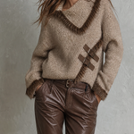 ElevenOra Chic Casual Light Taupe Asymmetrical Collar Long Sleeve Contrast Trim Leather Buckle Strap Loose-Fit Fuzzy Knit Sweater