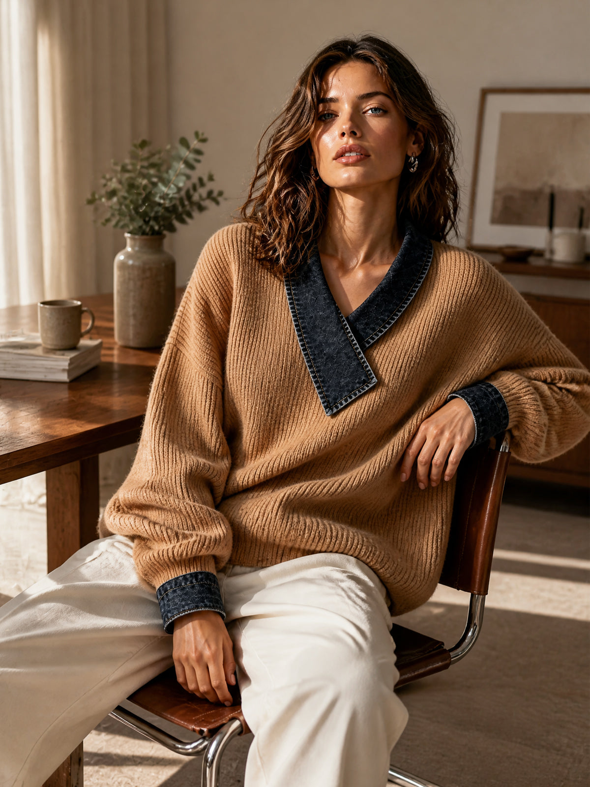 ElevenOra Chic Casual Camel V-Neck Dropped-Shoulder Long-Sleeve Denim Patchwork Warm Wool Blend Knit Sweater
