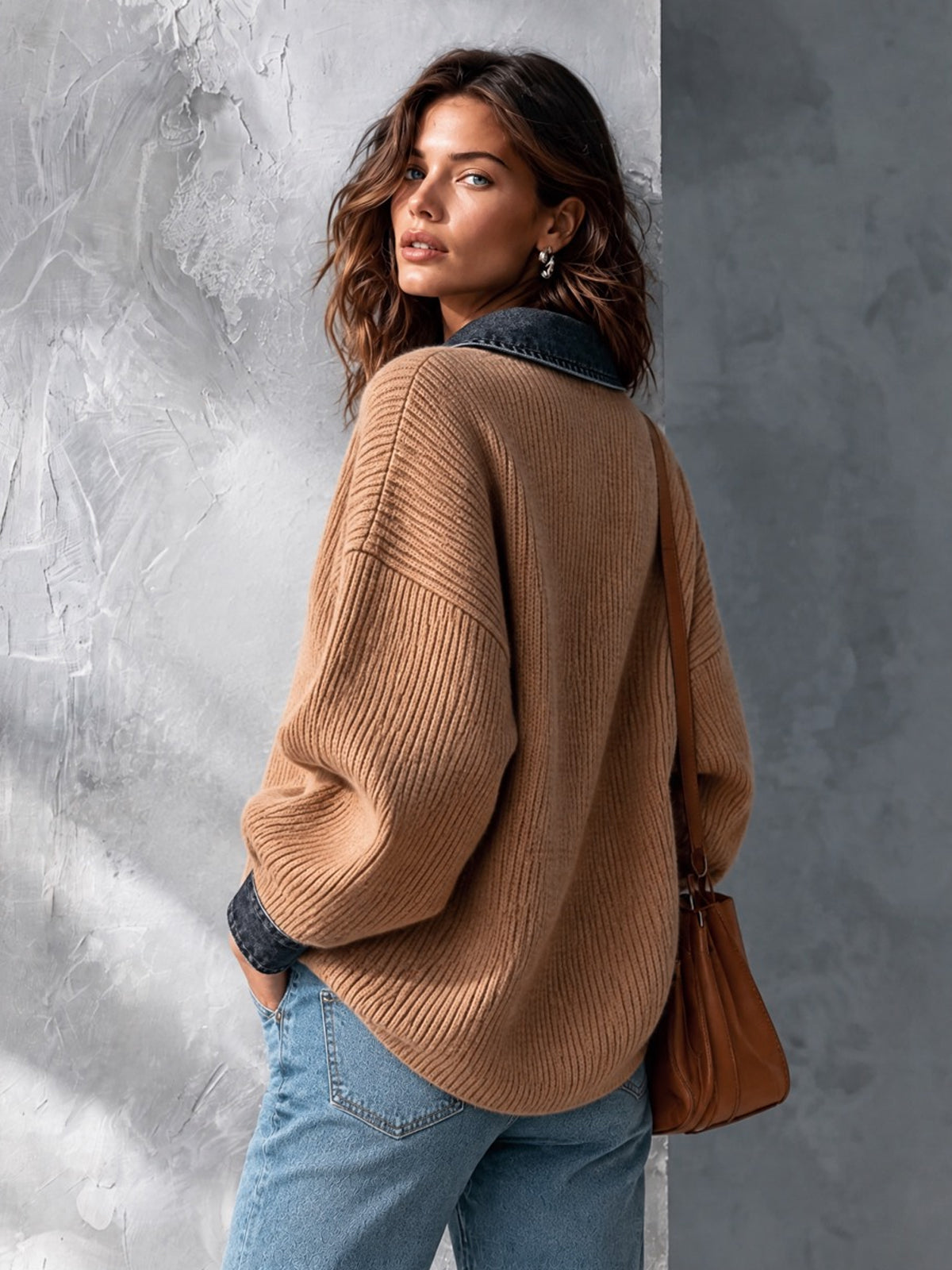 ElevenOra Chic Casual Camel V-Neck Dropped-Shoulder Long-Sleeve Denim Patchwork Warm Wool Blend Knit Sweater