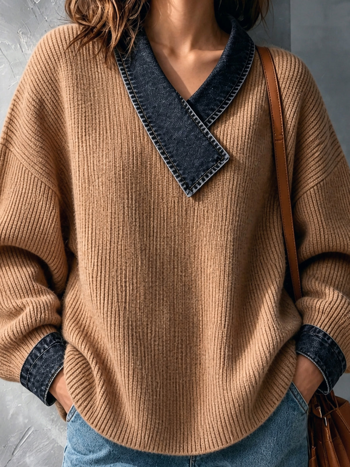 ElevenOra Chic Casual Camel V-Neck Dropped-Shoulder Long-Sleeve Denim Patchwork Warm Wool Blend Knit Sweater