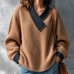 ElevenOra Chic Casual Camel V-Neck Dropped-Shoulder Long-Sleeve Denim Patchwork Warm Wool Blend Knit Sweater