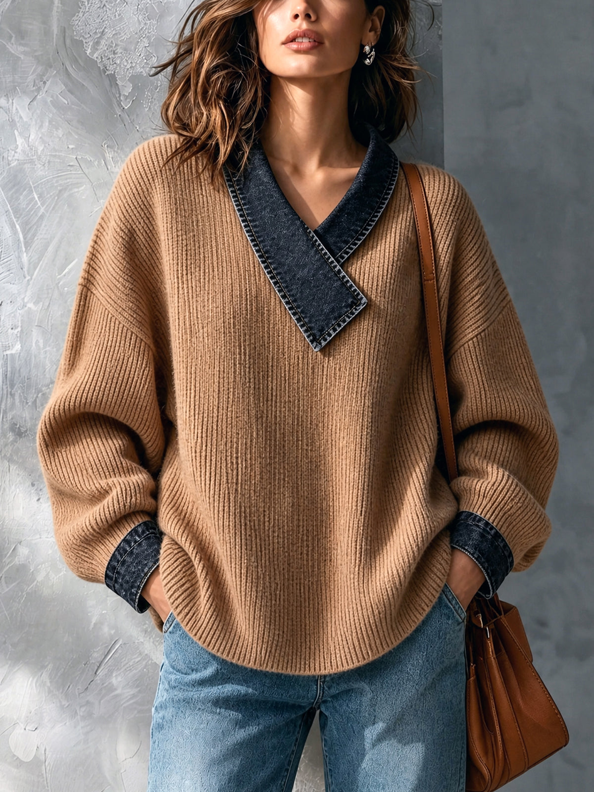 ElevenOra Chic Casual Camel V-Neck Dropped-Shoulder Long-Sleeve Denim Patchwork Warm Wool Blend Knit Sweater