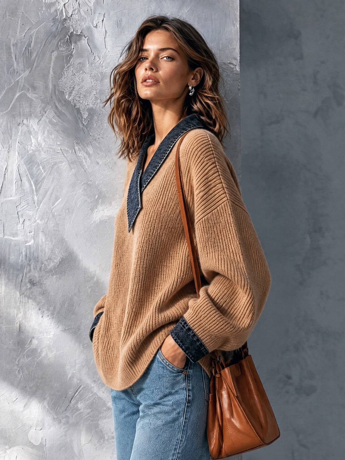 ElevenOra Chic Casual Camel V-Neck Dropped-Shoulder Long-Sleeve Denim Patchwork Warm Wool Blend Knit Sweater