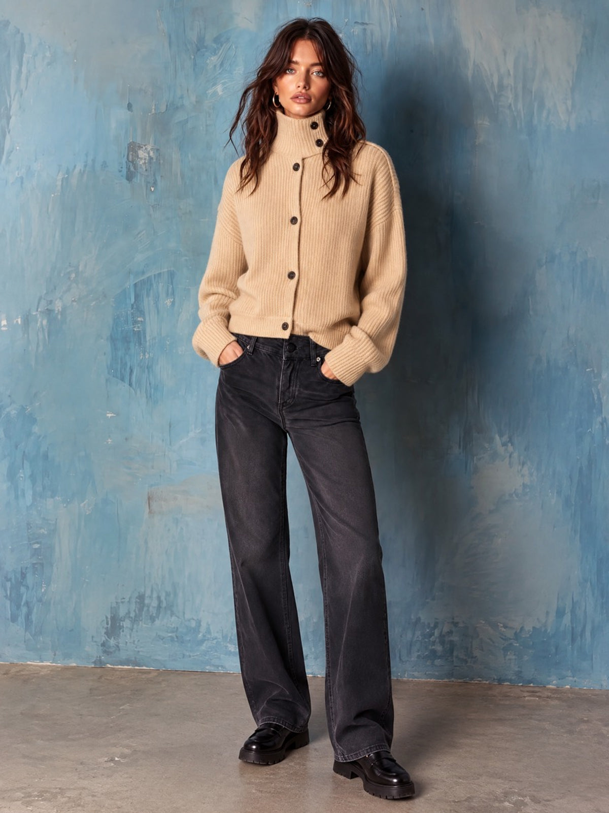 ElevenOra Chic Casual Camel Stand Collar Dropped-Shoulder Long-Sleeve Single-Breasted Wool Blend Knit Cardigan