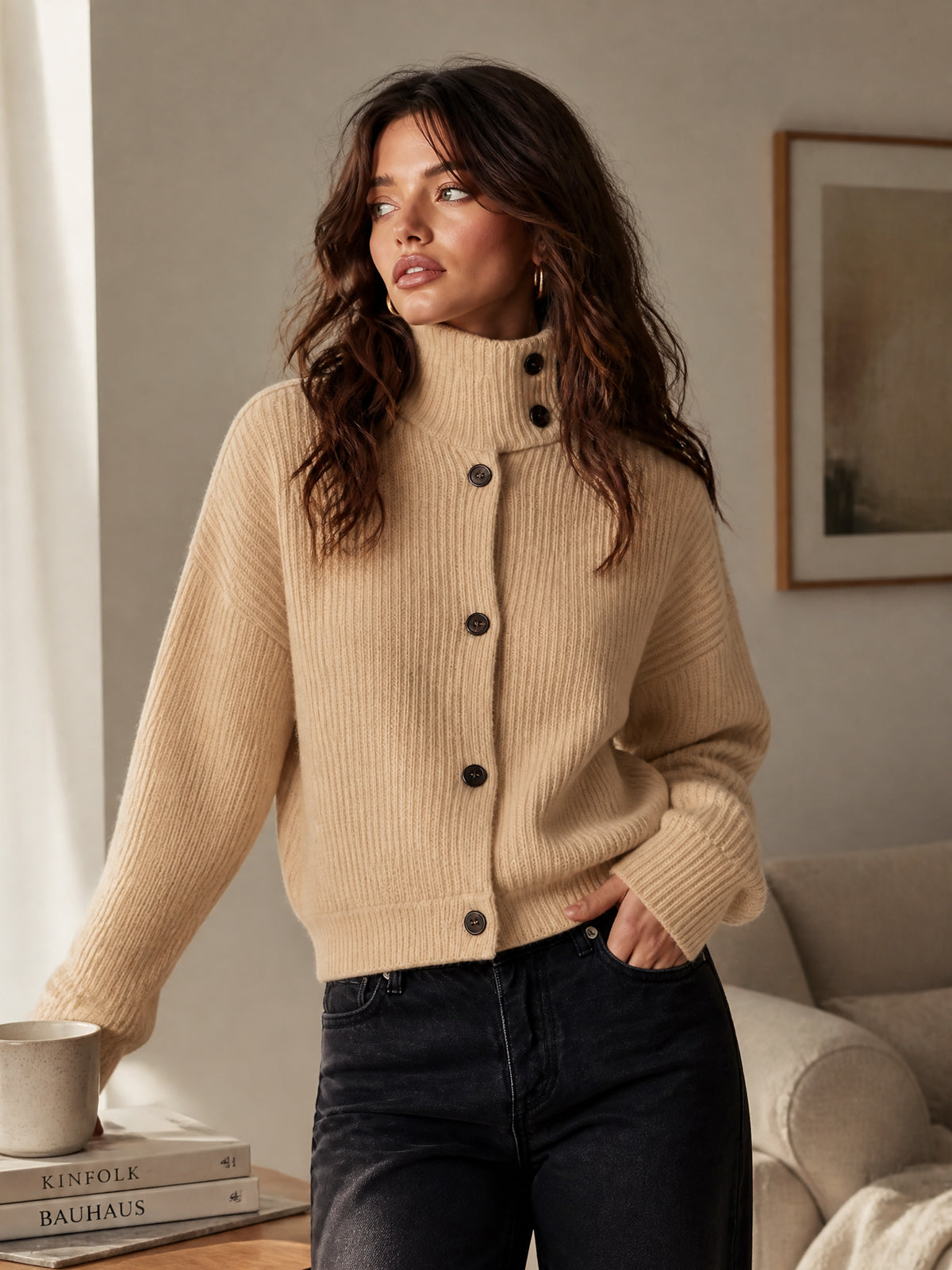 ElevenOra Chic Casual Camel Stand Collar Dropped-Shoulder Long-Sleeve Single-Breasted Wool Blend Knit Cardigan