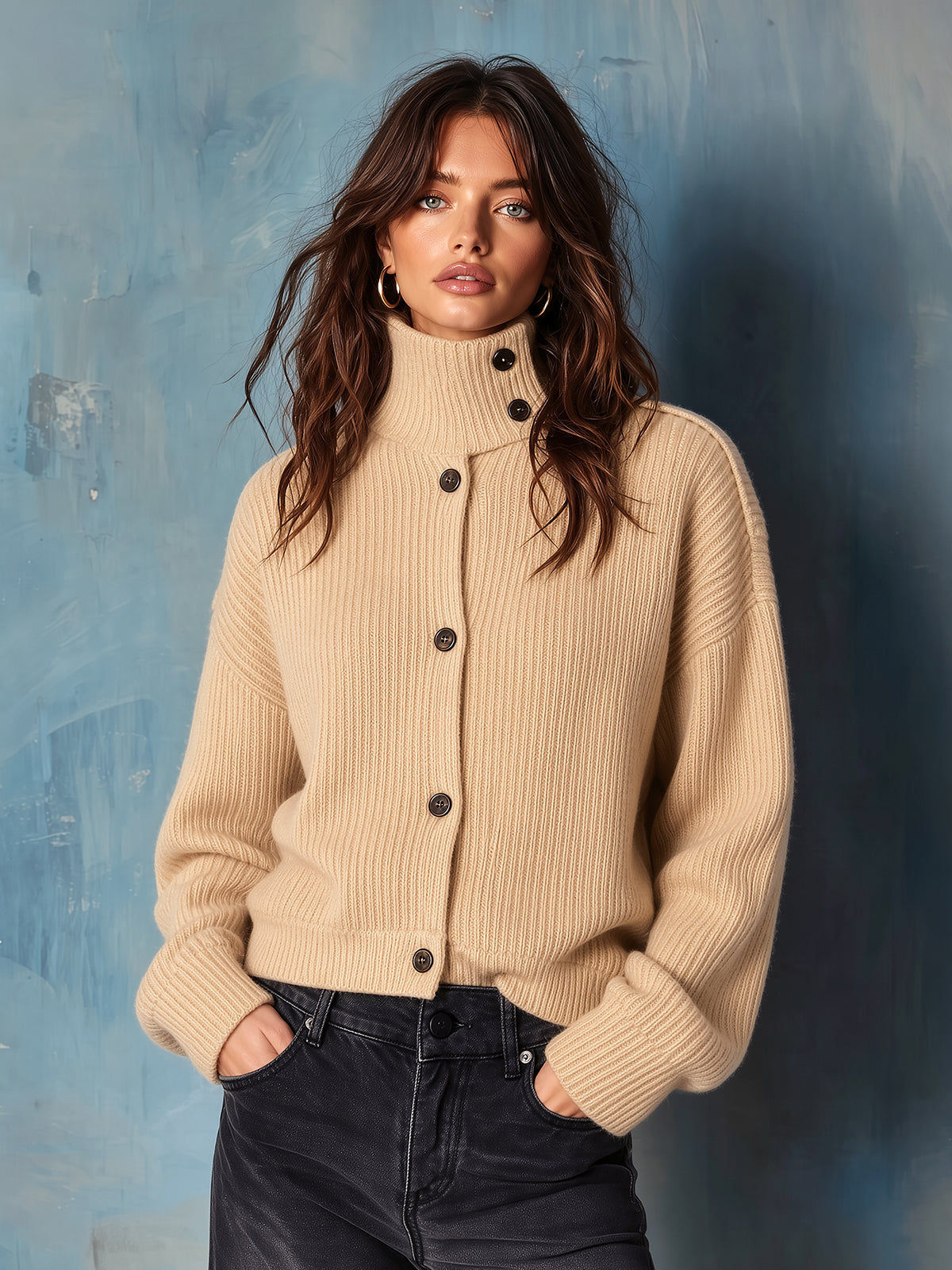 ElevenOra Chic Casual Camel Stand Collar Dropped-Shoulder Long-Sleeve Single-Breasted Wool Blend Knit Cardigan