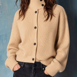 ElevenOra Chic Casual Camel Stand Collar Dropped-Shoulder Long-Sleeve Single-Breasted Wool Blend Knit Cardigan