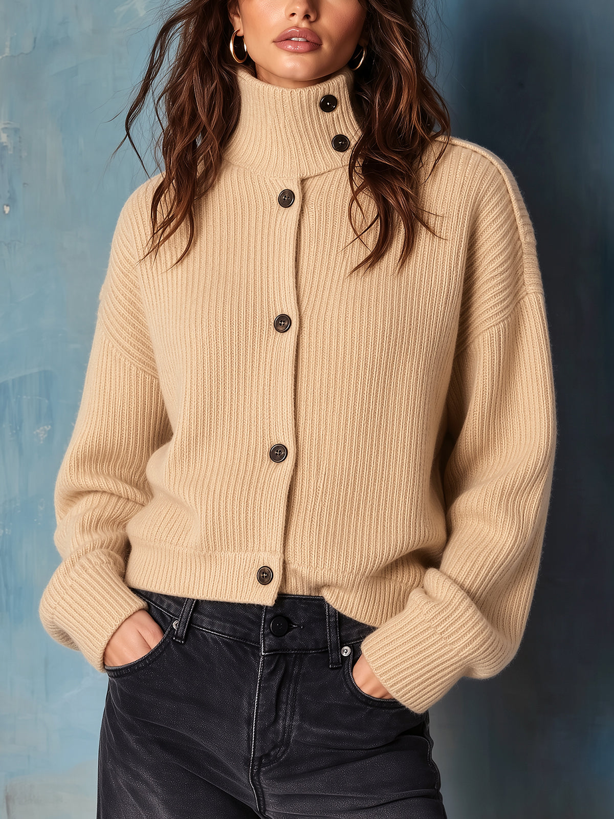 ElevenOra Chic Casual Camel Stand Collar Dropped-Shoulder Long-Sleeve Single-Breasted Wool Blend Knit Cardigan