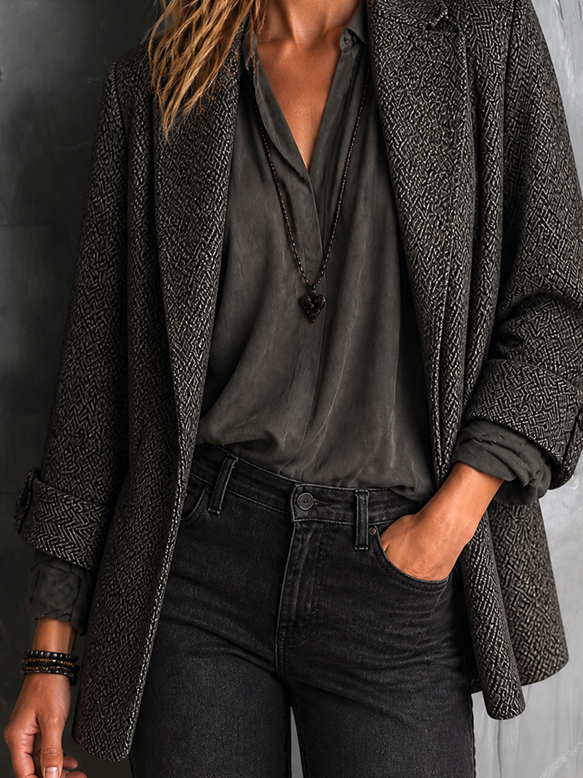 ElevenOra Chic Elegant Dark Grey Notched Lapel Single-Breasted Long-Sleeve Loose-Fit Herringbone Tweed Blazer