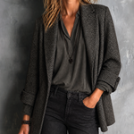 ElevenOra Chic Elegant Dark Grey Notched Lapel Single-Breasted Long-Sleeve Loose-Fit Herringbone Tweed Blazer