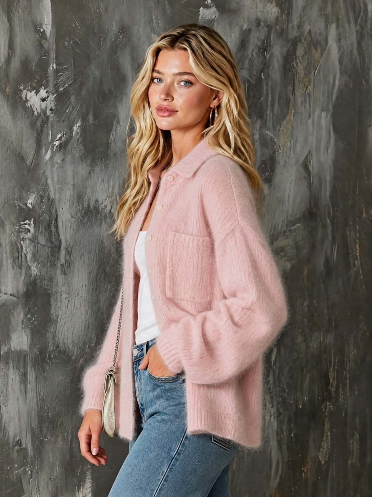 ElevenOra Chic Casual Pink Lapel Collar Long-Sleeve Single-Breasted Patch Pockets Loose-Fit Mohair Blend Knit Cardigan