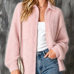 ElevenOra Chic Casual Pink Lapel Collar Long-Sleeve Single-Breasted Patch Pockets Loose-Fit Mohair Blend Knit Cardigan