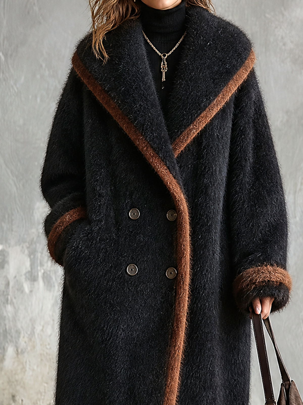 ElevenOra Chic Casual Black Shawl Lapel Double-Breasted Long Sleeve Contrast Trim Loose-Fit Fluffy Wool Blend Coat