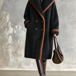 ElevenOra Chic Casual Black Shawl Lapel Double-Breasted Long Sleeve Contrast Trim Loose-Fit Fluffy Wool Blend Coat