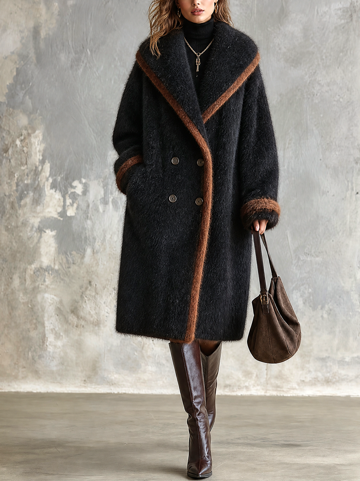 ElevenOra Chic Casual Black Shawl Lapel Double-Breasted Long Sleeve Contrast Trim Loose-Fit Fluffy Wool Blend Coat