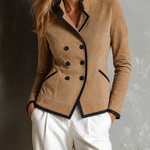 ElevenOra Chic Elegant Camel Stand Notch Collar Double-Breasted Long-Sleeve Contrast Trim Slim-Fit Faux Suede Jacket