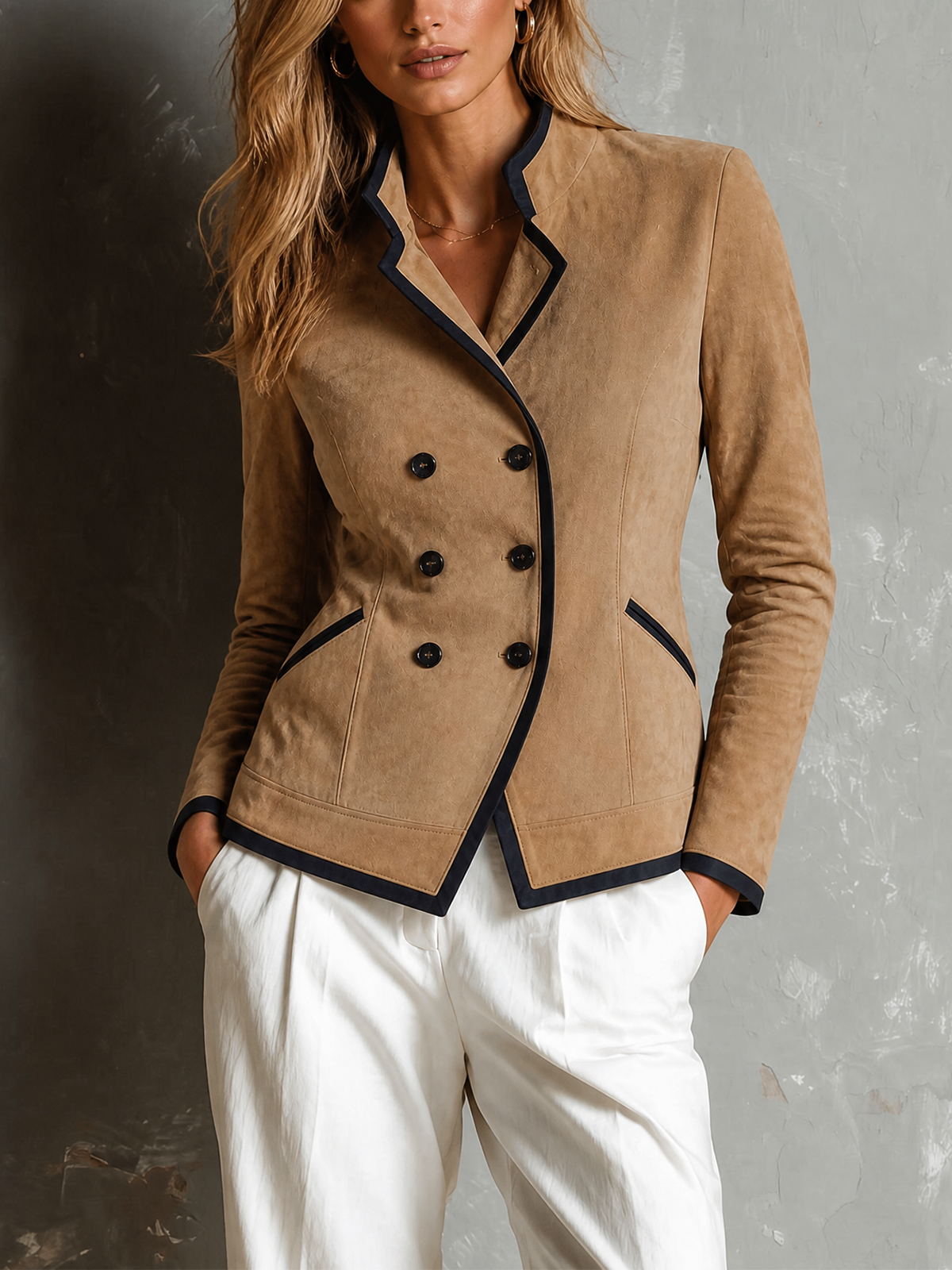 ElevenOra Chic Elegant Camel Stand Notch Collar Double-Breasted Long-Sleeve Contrast Trim Slim-Fit Faux Suede Jacket