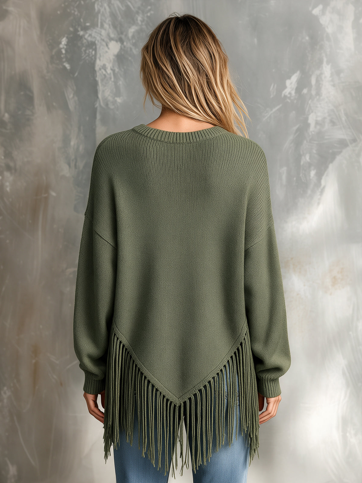 ElevenOra Chic Casual Army Green Round-Neck Long-Sleeve Pointed Hem Fringe Detail Loose-Fit Wool Blend Knit Sweater