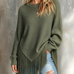 ElevenOra Chic Casual Army Green Round-Neck Long-Sleeve Pointed Hem Fringe Detail Loose-Fit Wool Blend Knit Sweater