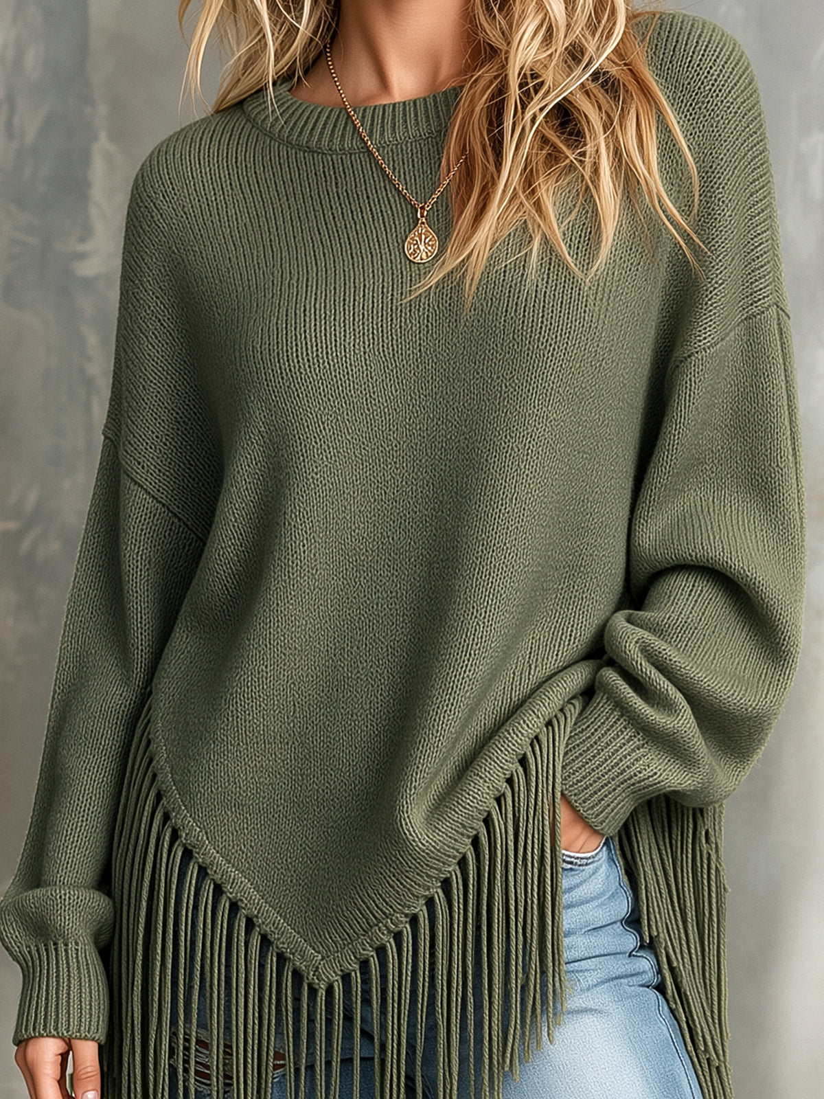 ElevenOra Chic Casual Army Green Round-Neck Long-Sleeve Pointed Hem Fringe Detail Loose-Fit Wool Blend Knit Sweater