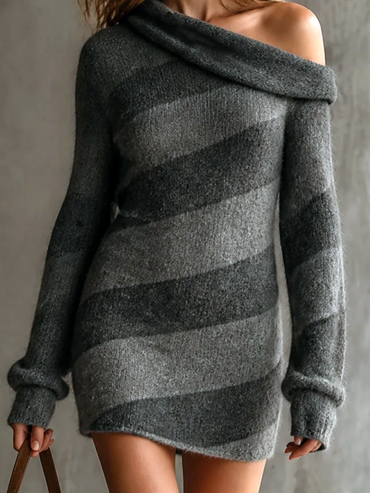 ElevenOra Chic Elegant Grey Diagonal Stripes Off Shoulder Long Sleeve Slim-Fit Wool Blend Knit Mini Dress