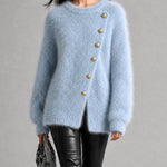 ElevenOra Chic Elegant Light Blue Round-Neck Long-Sleeve Slant Placket Gold Button Detail Loose-Fit Mohair Blend Knit Sweater