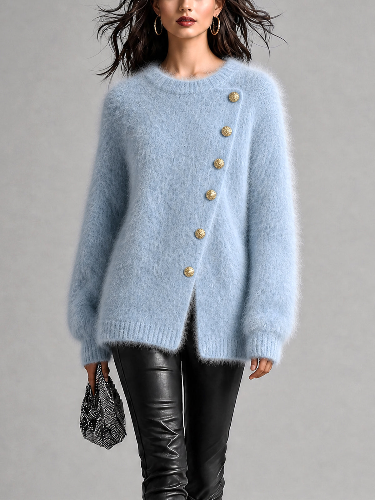 ElevenOra Chic Elegant Light Blue Round-Neck Long-Sleeve Slant Placket Gold Button Detail Loose-Fit Mohair Blend Knit Sweater