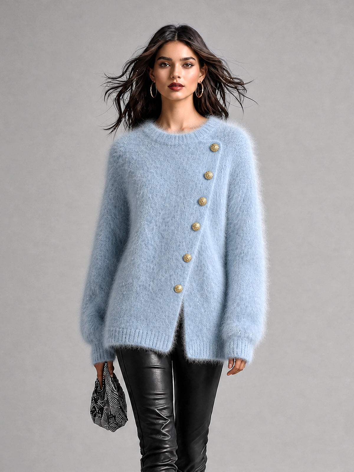 ElevenOra Chic Elegant Light Blue Round-Neck Long-Sleeve Slant Placket Gold Button Detail Loose-Fit Mohair Blend Knit Sweater